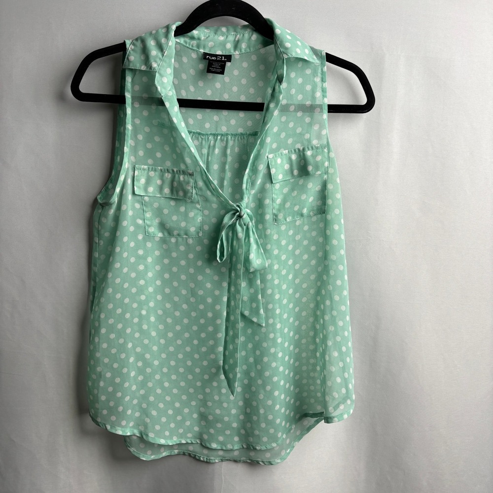 Rue21 Mint Green Polka Dot Tie Front Sleeveless Blouse Top Sheer Twee‎ M 2010s